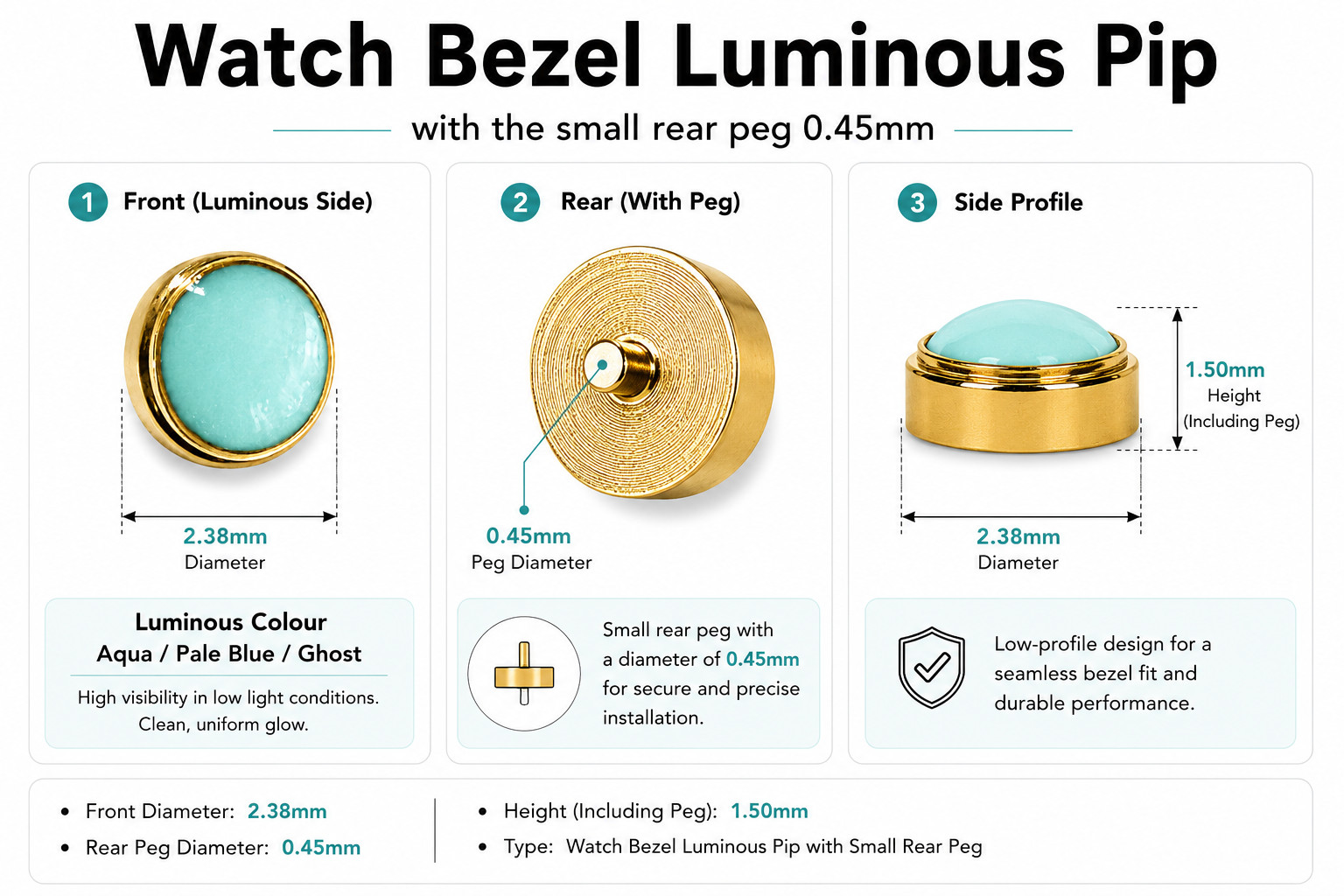 Watch Bezel Pip with Small Peg Pale Blue / Aqua GOLD 124060 124060LN 126610