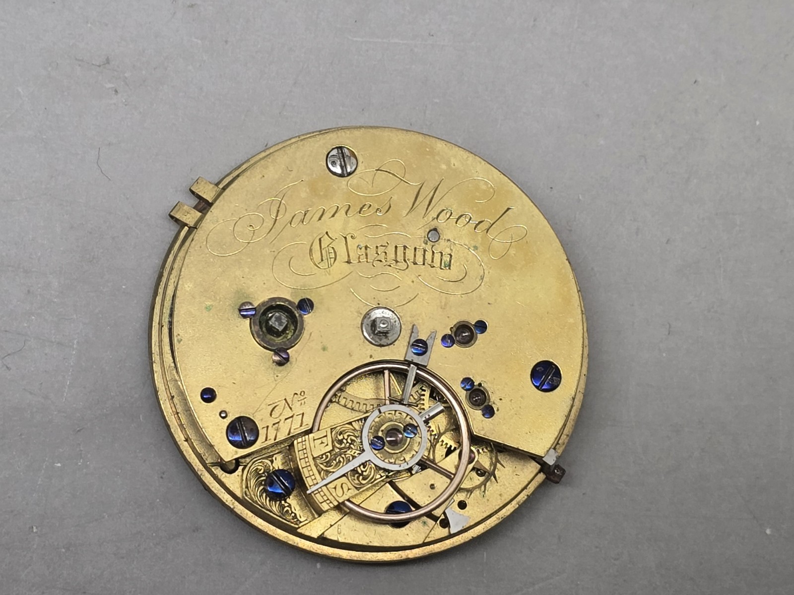 No. 1771 Keywind James Wood Glasgow Pocket Watch Movement Good Balance & Springs