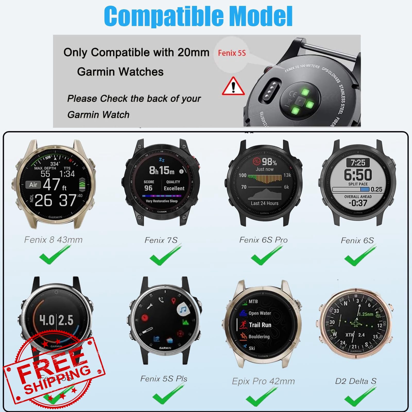 20mm Bands for Garmin Fenix 5S/6S/7S Pro, Soft Silicone Sport
