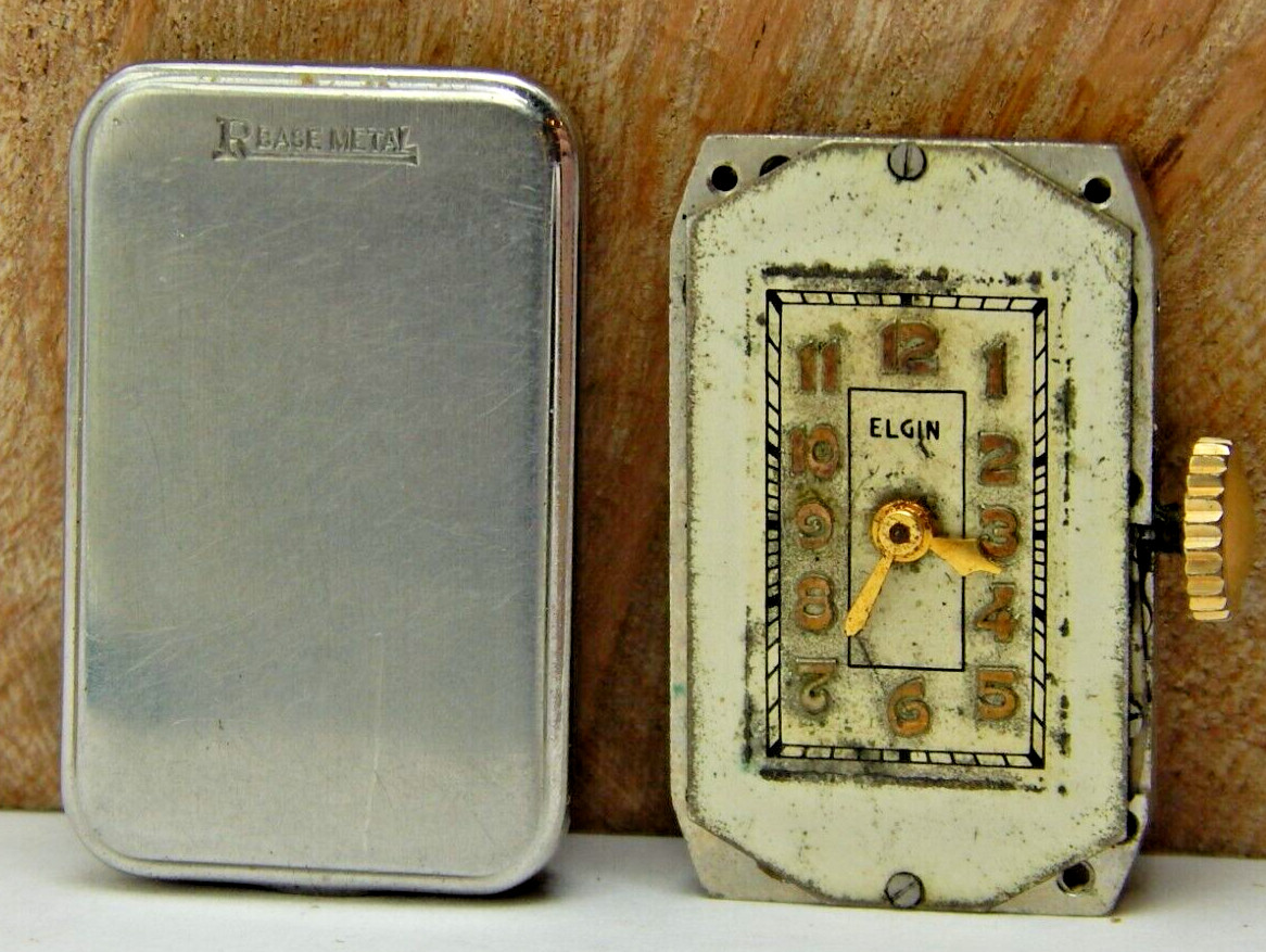 Vintage 7 jewel Elgin 1937 488 18/0s art deco wrist watch movement w/ case back