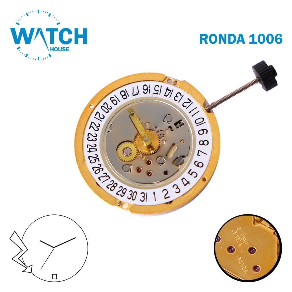 RONDA 1006 Watch Movement SWISS🇨🇭, White Date Disk at 6, 2Hands, Gold, 8Jewels