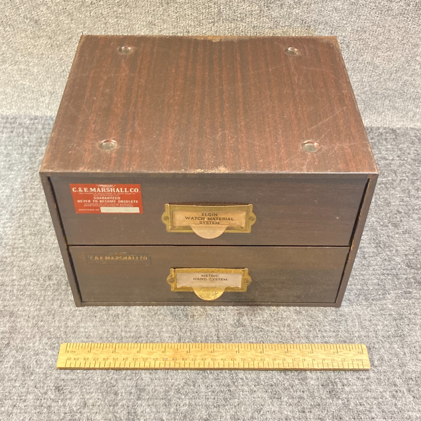 C&E Marshall Elgin Watch Parts 100+ Watch Hands Metal Cabinet 2 Drawer 178+ Pc