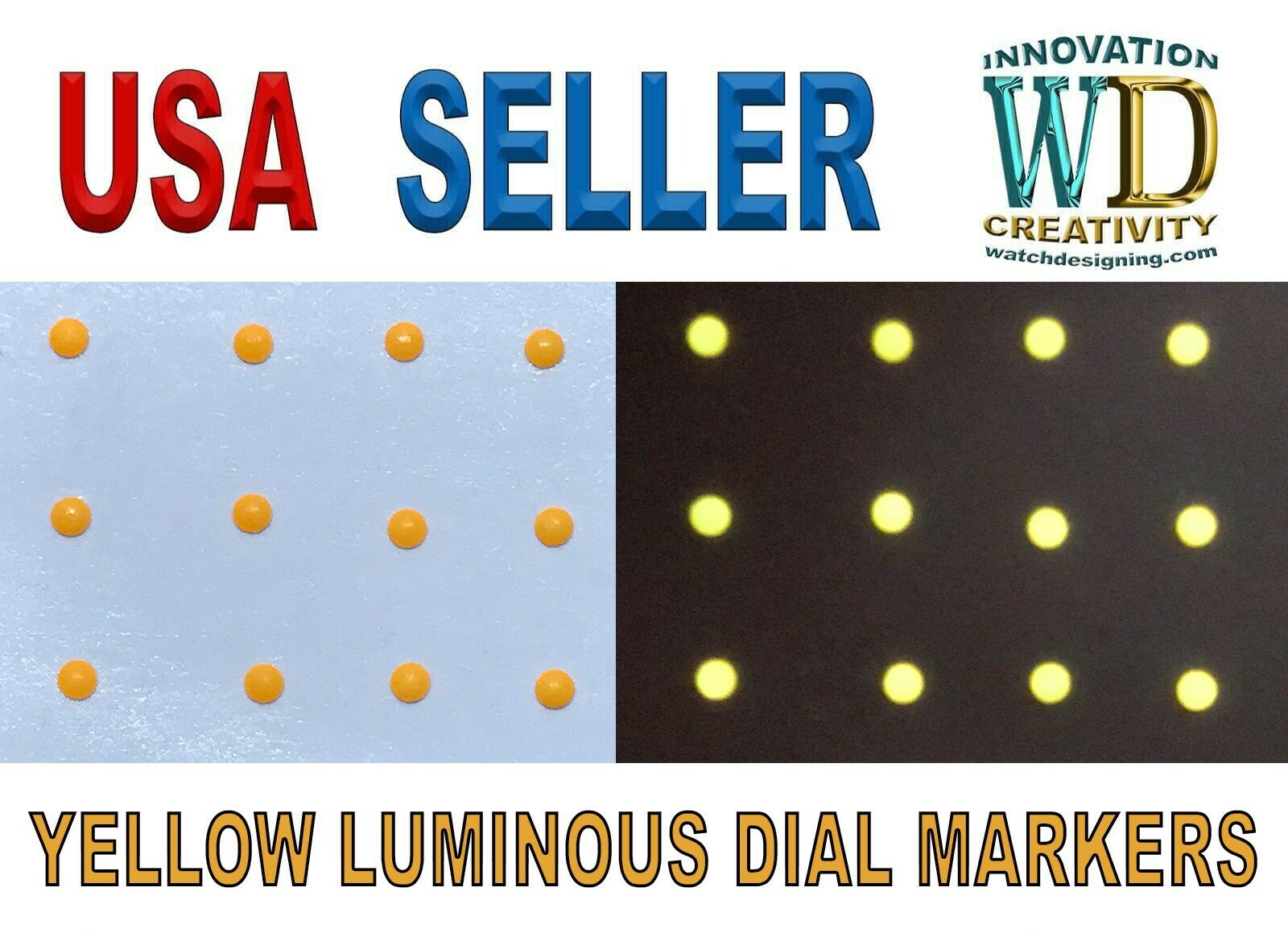 Watch Dial Hour Markers Parts 12 pieces YELLOW LUMINOUS 1.7mm Numerals Dots Bars