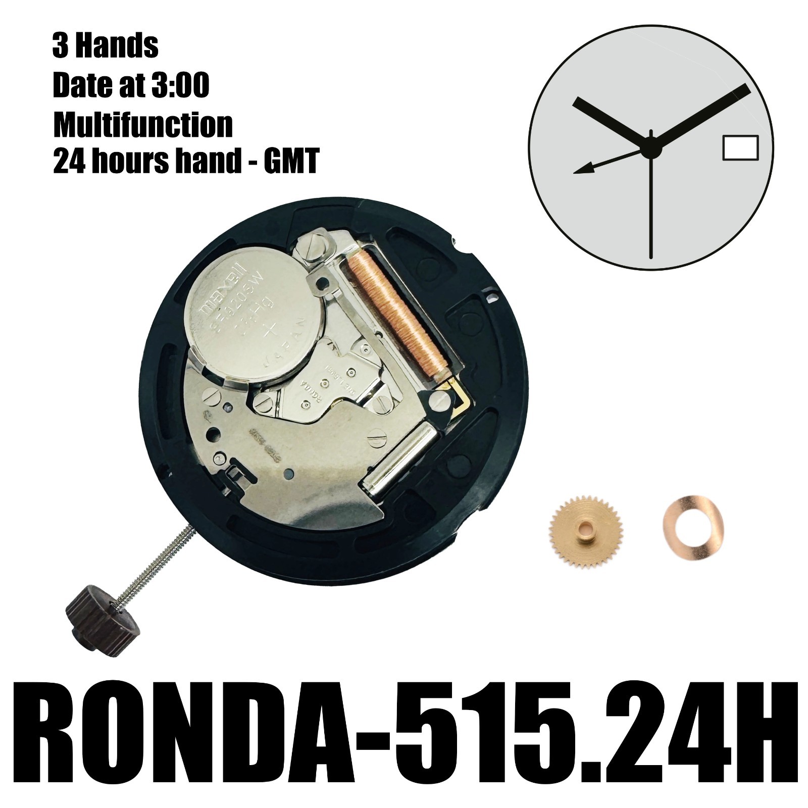 Genuine Ronda 515.24H Quartz Movement Swiss 3 Hand GMT Watch Repair Part 1 Jewel