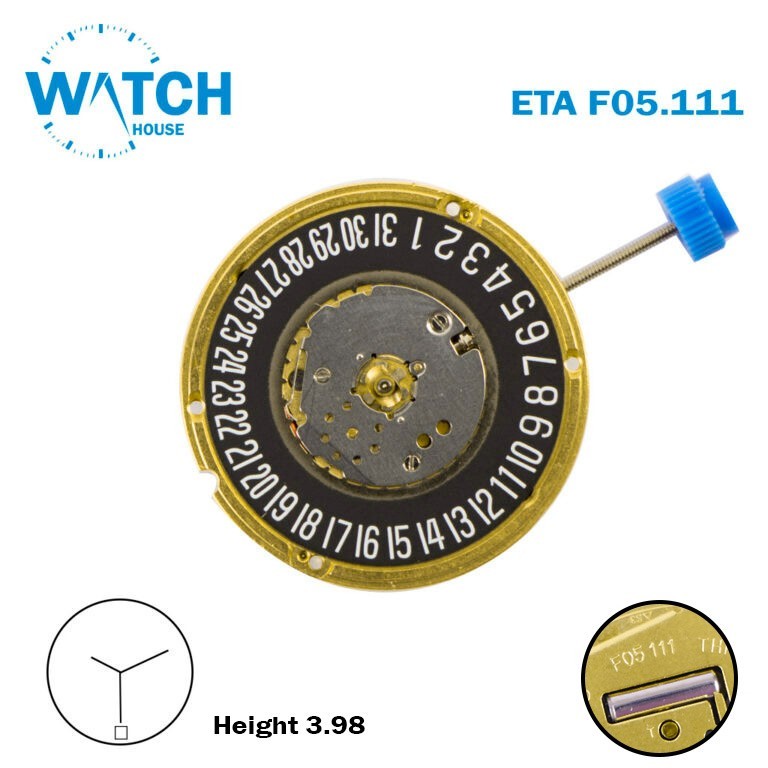 ETA F05.111 Swiss Movement Quartz, Black Date Disk at 6,3 Hands, Height 1 3.97mm