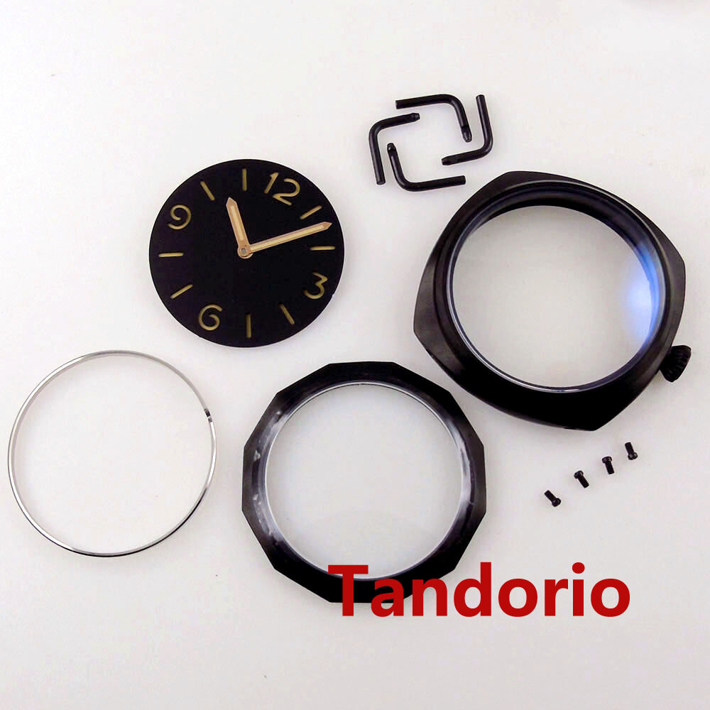 47mm Black PVD Watch Case Glass Back Fit ETA 6497 6498 Hand Winding Movement