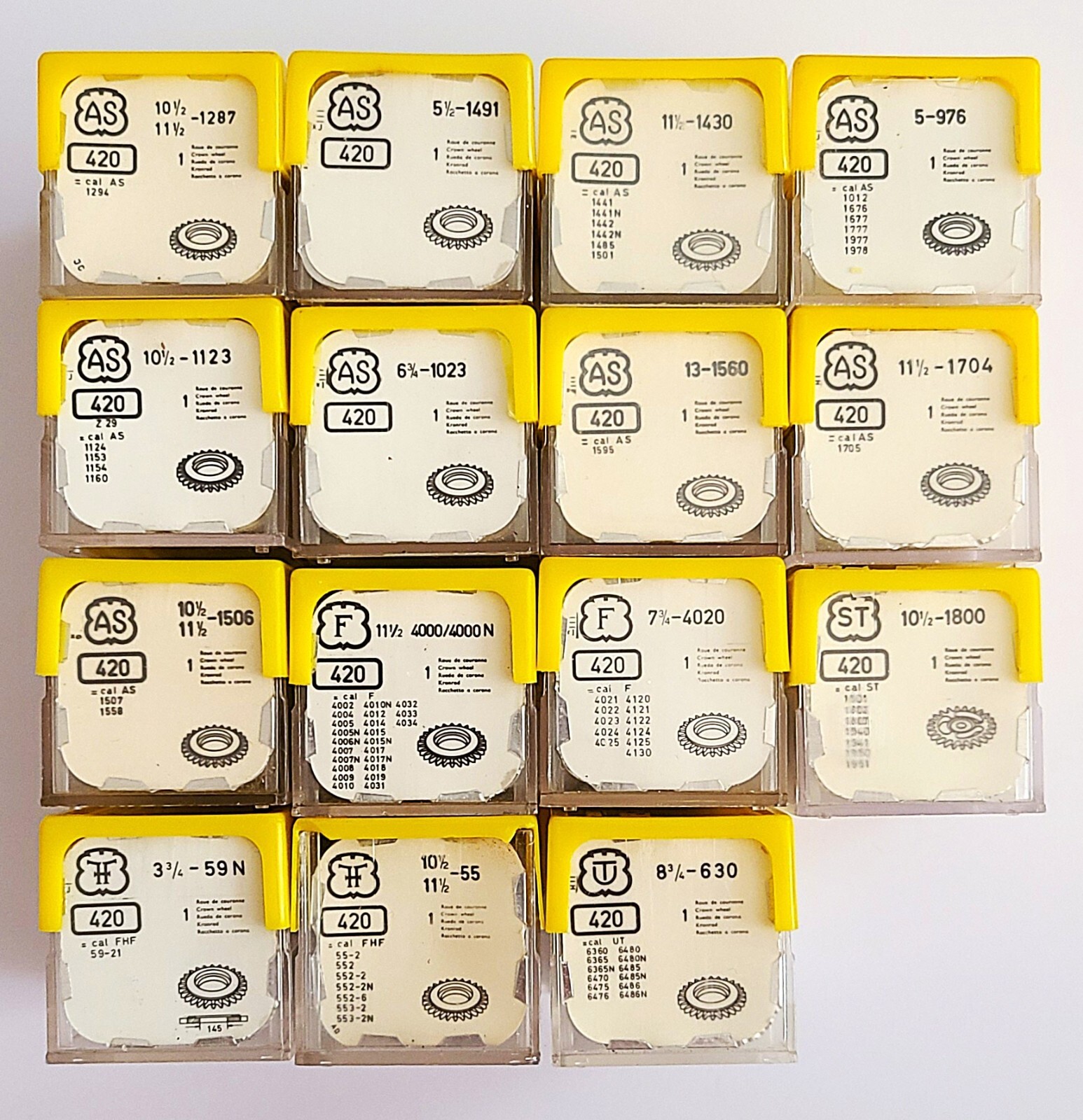 Lot of Watch #420 Crown Wheels – 15 Calibers – AS, F, FHF, ST, UT