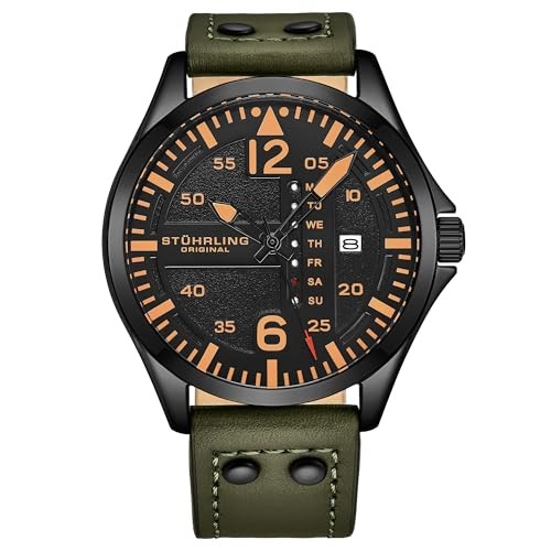 Mens Leather Watch -Aviation Watch, Quick-Set Day-Date Leather Band with Green