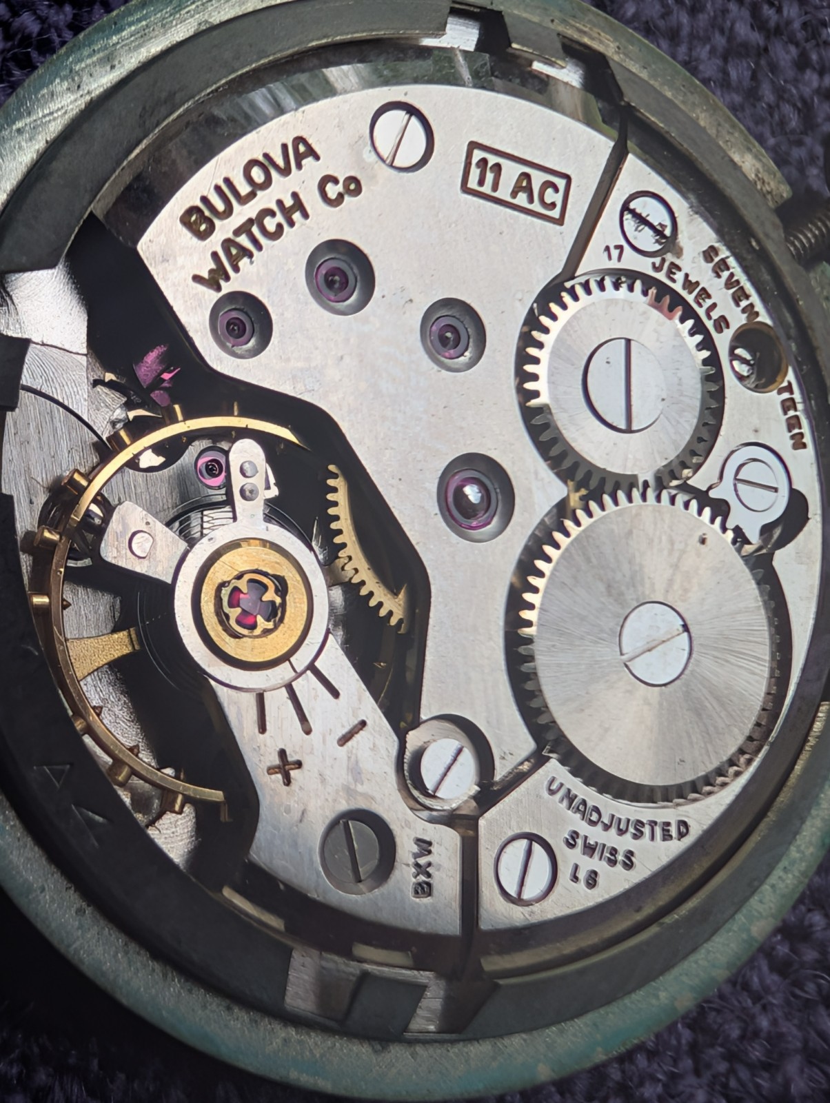 Vintage Bulova 11 AC Stem Wind 17j Men’s Wristwatch Movement Subdial for Parts