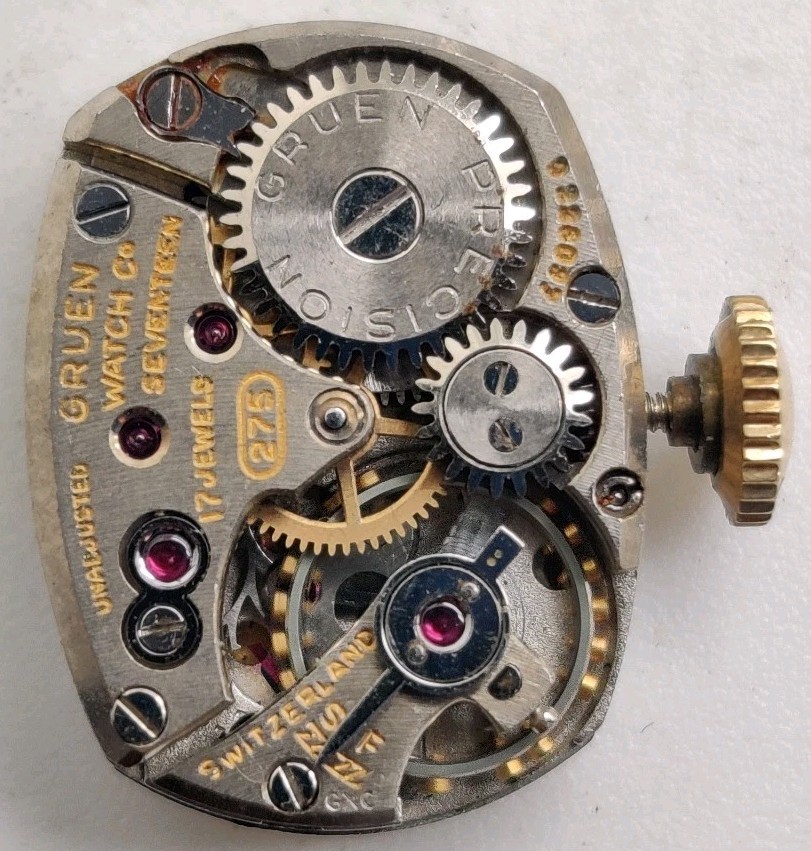 Rare Gruen W. Co. Cal. 275 17 jewel watch movement running Stuck In Set Position