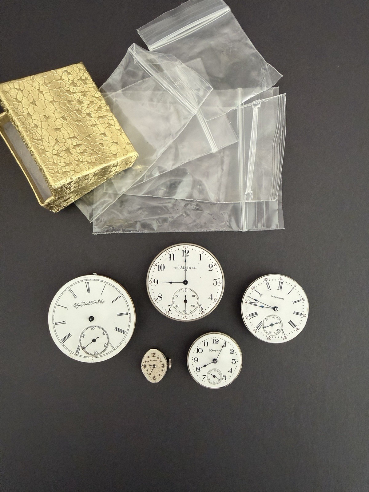 Vintage Lot of 4 Pocket & 1 Swiss Wrist Watch Movements Elgin Waltham Hampden