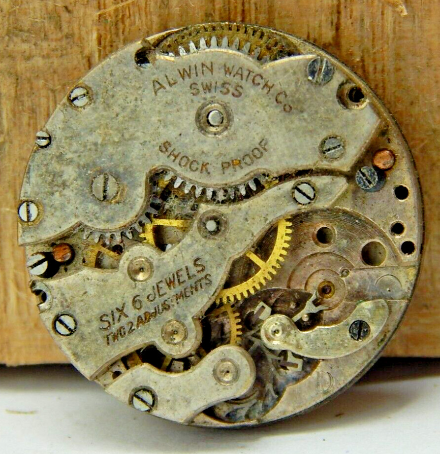 Vintage Alwin 6 jewel 2 Adjustment shock proof hunting watch movement with dial