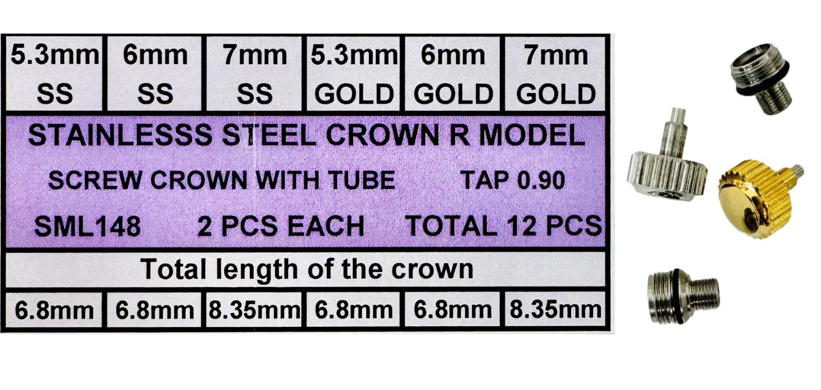 5.3mm-7mm Waterproof Screw Crown Assortment for R Models, 12 Pcs