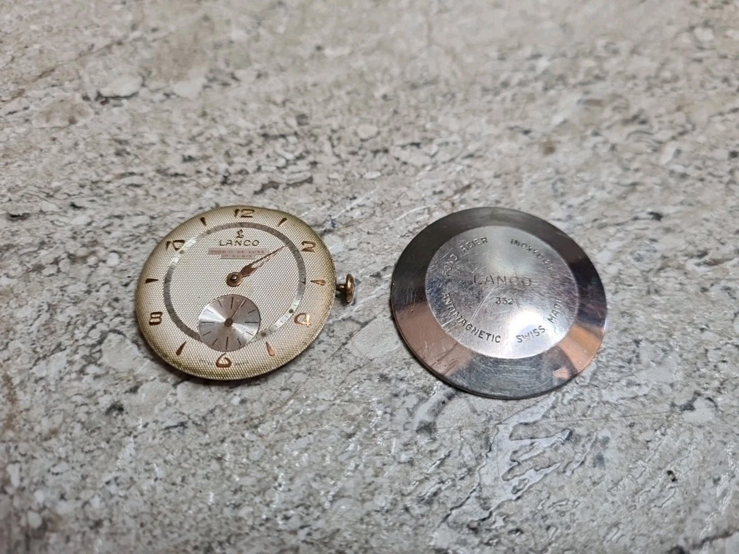 Vintage LANCO Mod II De Luxe Watch Movement, Dial & Case Back. Not Working.