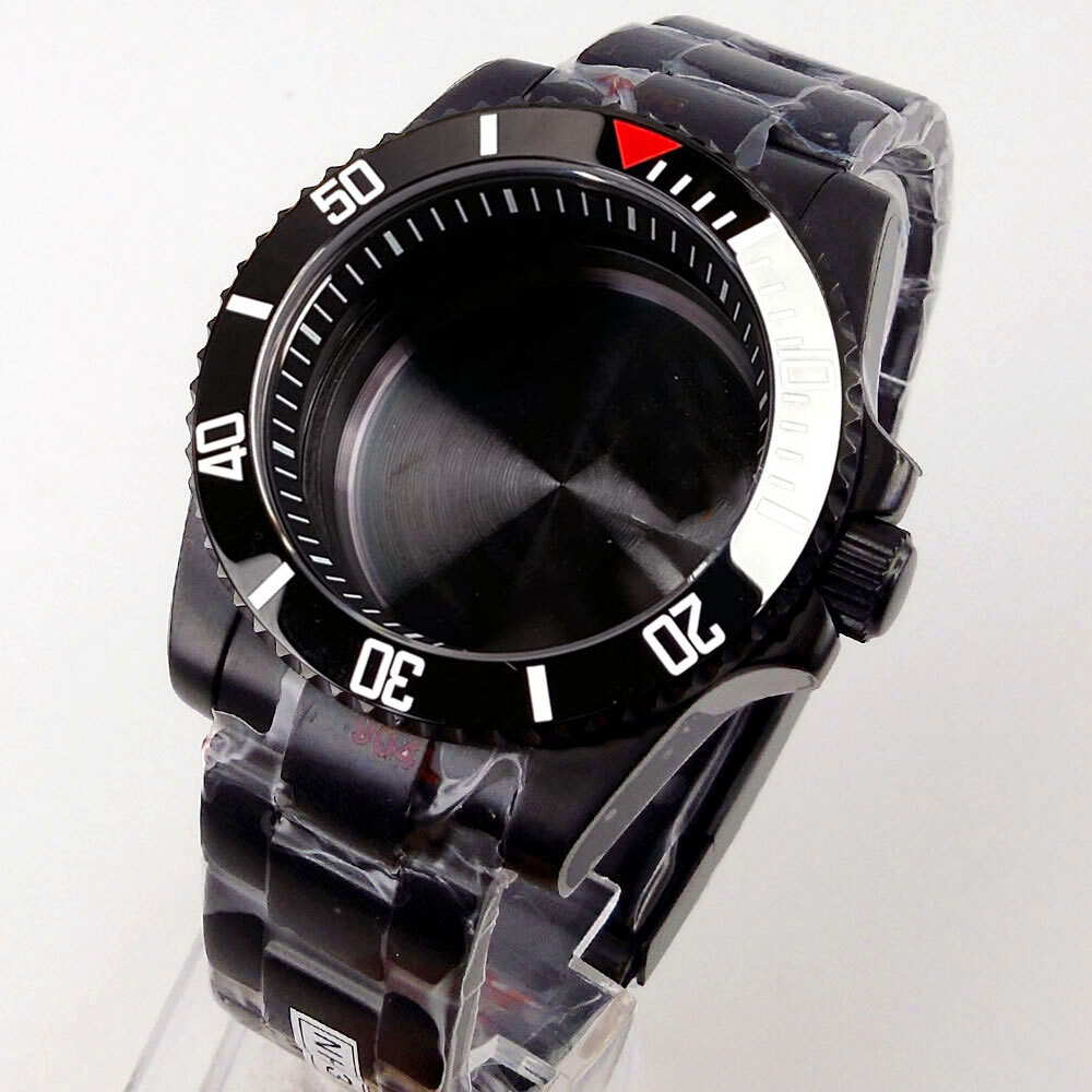 40mm Black PVD Sapphire Glass Watch Case Fit NH35A NH36A ETA2824 PT5000 Rubber