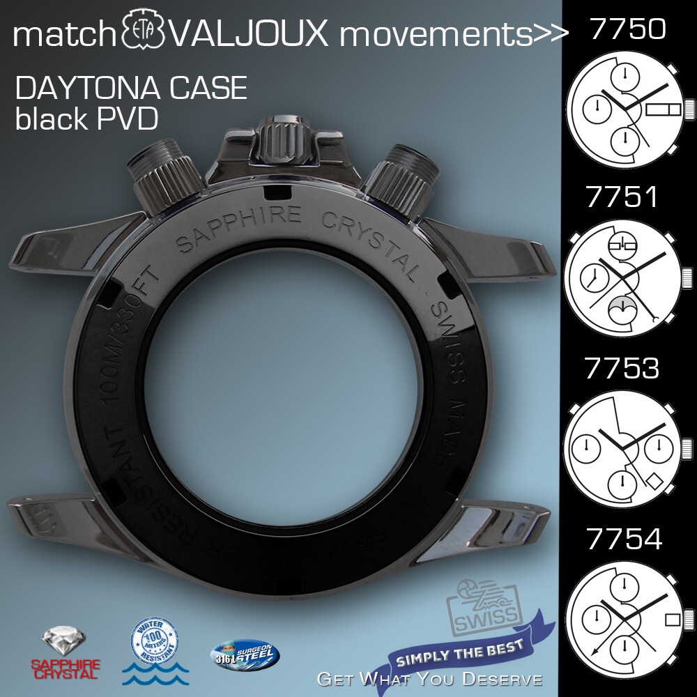 WATCH CASE DAYTONA,TACHYMETER, ETA VALJOUX 7750, 7751, 7753,7754 BLACK, 38MM