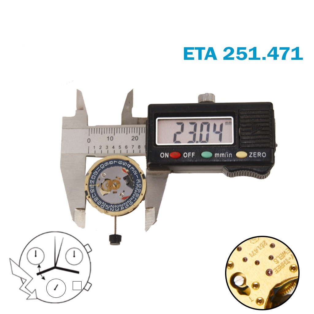 ETA 251.471 Swiss Chronograph Movement-H:6:81mm-Blue Date at 4-3 Counter.