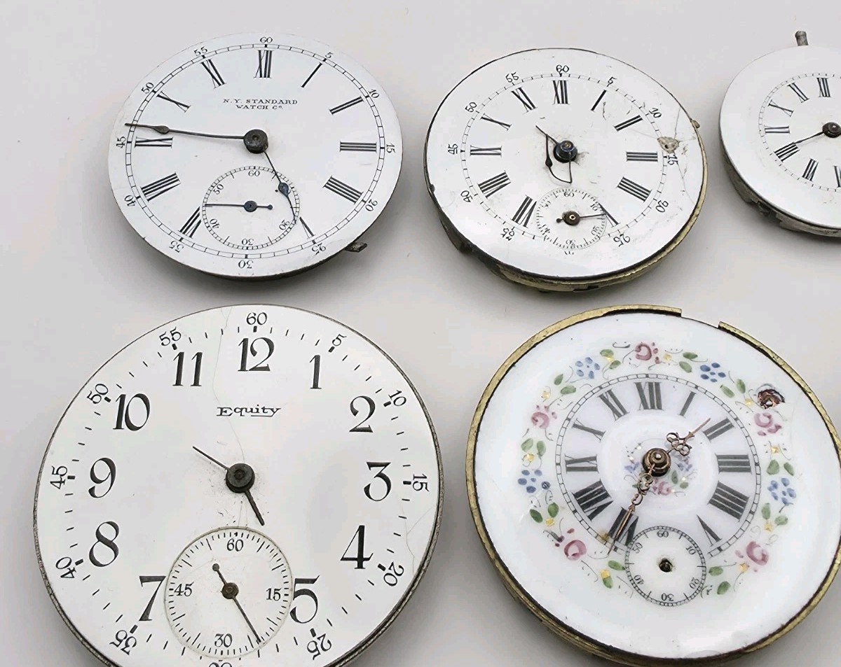 Vtg Lot Of 7 Mechanical Pocket Watch Movements For Parts Or Repair Equity Bijou
