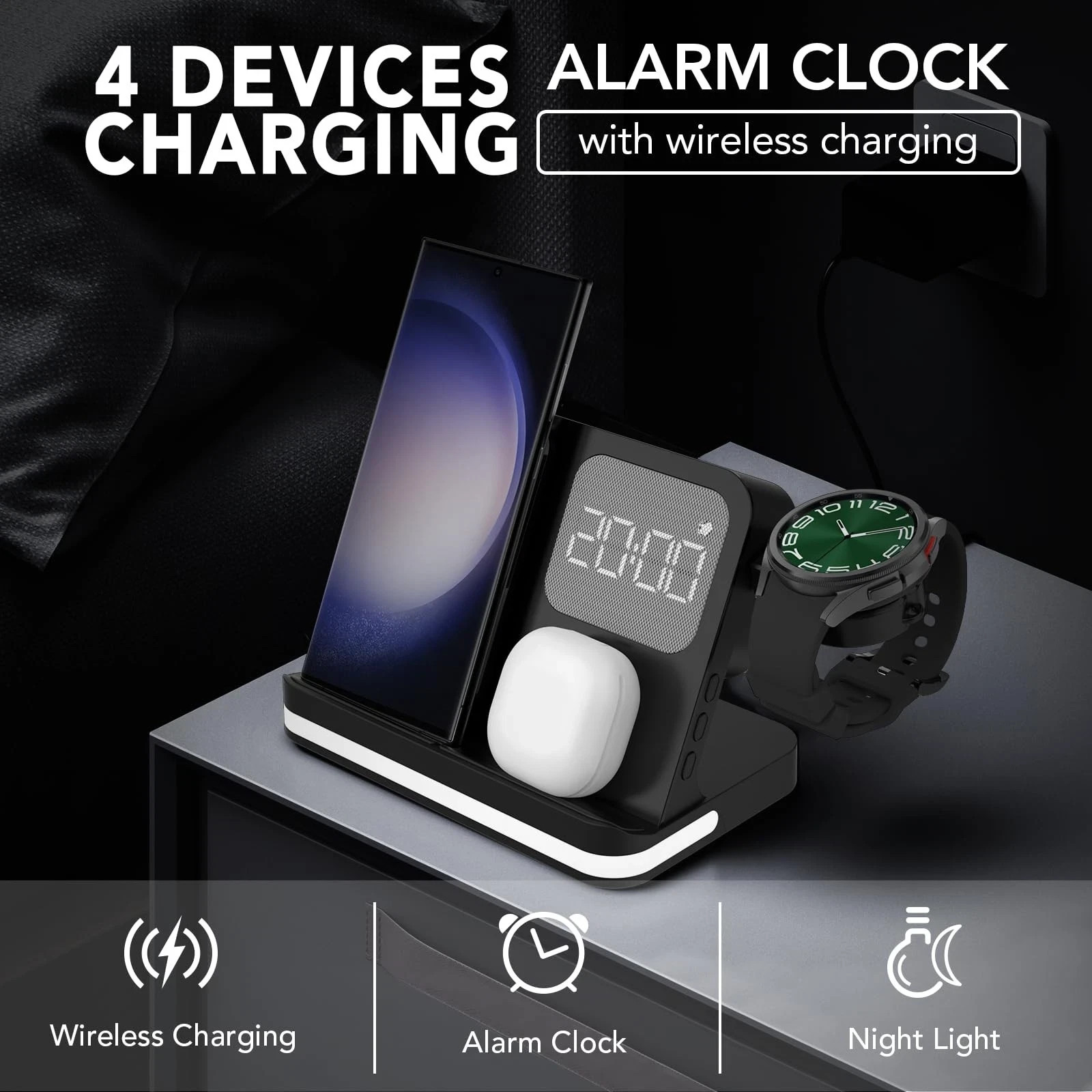 4 in 1 Wireless Charger with Alarm Clock Compatible for Galaxy Watch 8/7/Ultr…