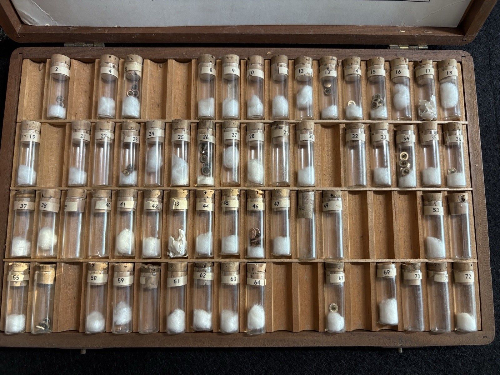 Vintage Newall Watchmaker Crown Asst Cabinet Original Glass Vial Watch Parts Lot