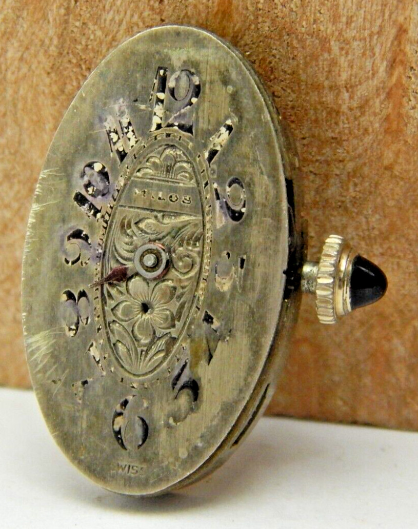 Vintage Milos 6 jewel 1 adjustment art deco wrist watch movement w/ dial & crown