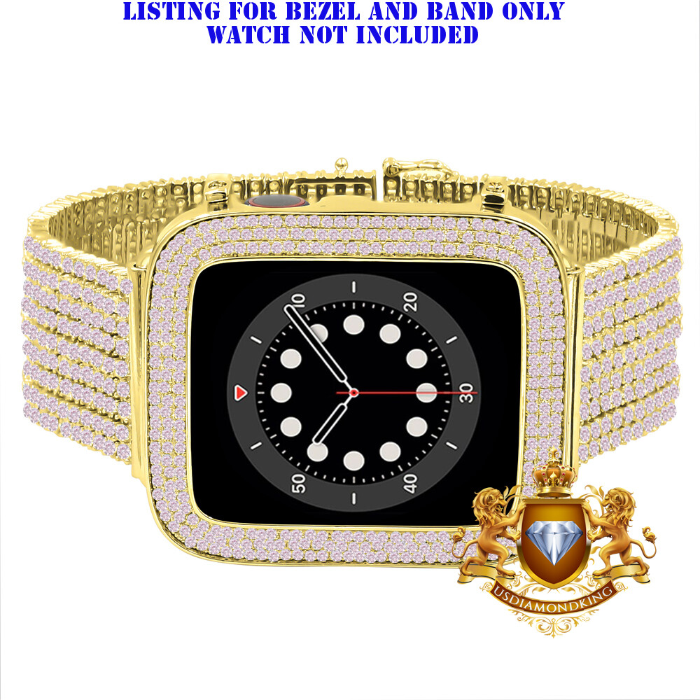 Pink Gold Tone Apple Watch Custom Pave Bezel & Band Combo Set 44mm Fit # 4,5,6