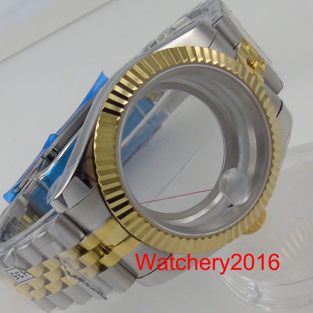 39mm Two Tone Gold Watch Case Fluted Bezel See-though Glass Back Fit NH35 miyota