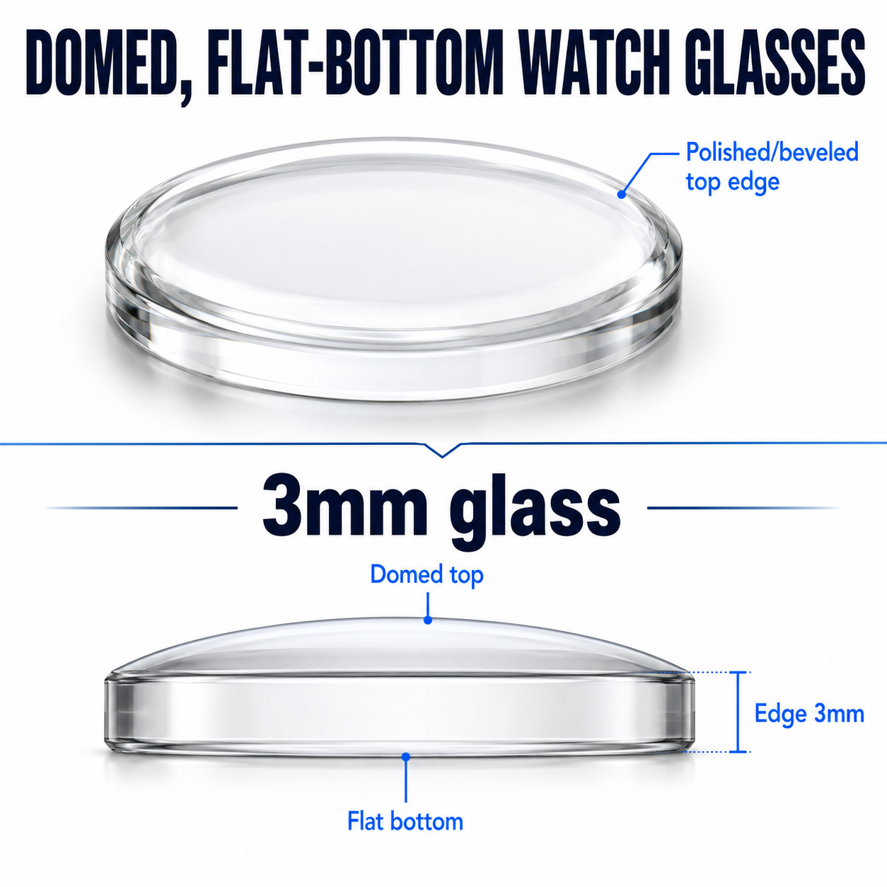 3mm Domed Mineral Flat Bottom Watch Crystal 27-50mm Repair Glass Replacement