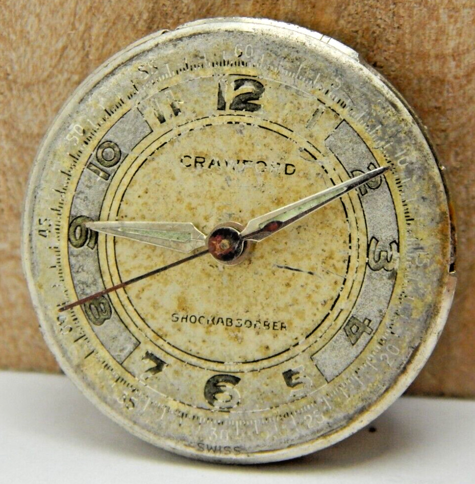 Vintage Crawford 17 jewel 23.2mm men’s wrist watch movement with dial and hands