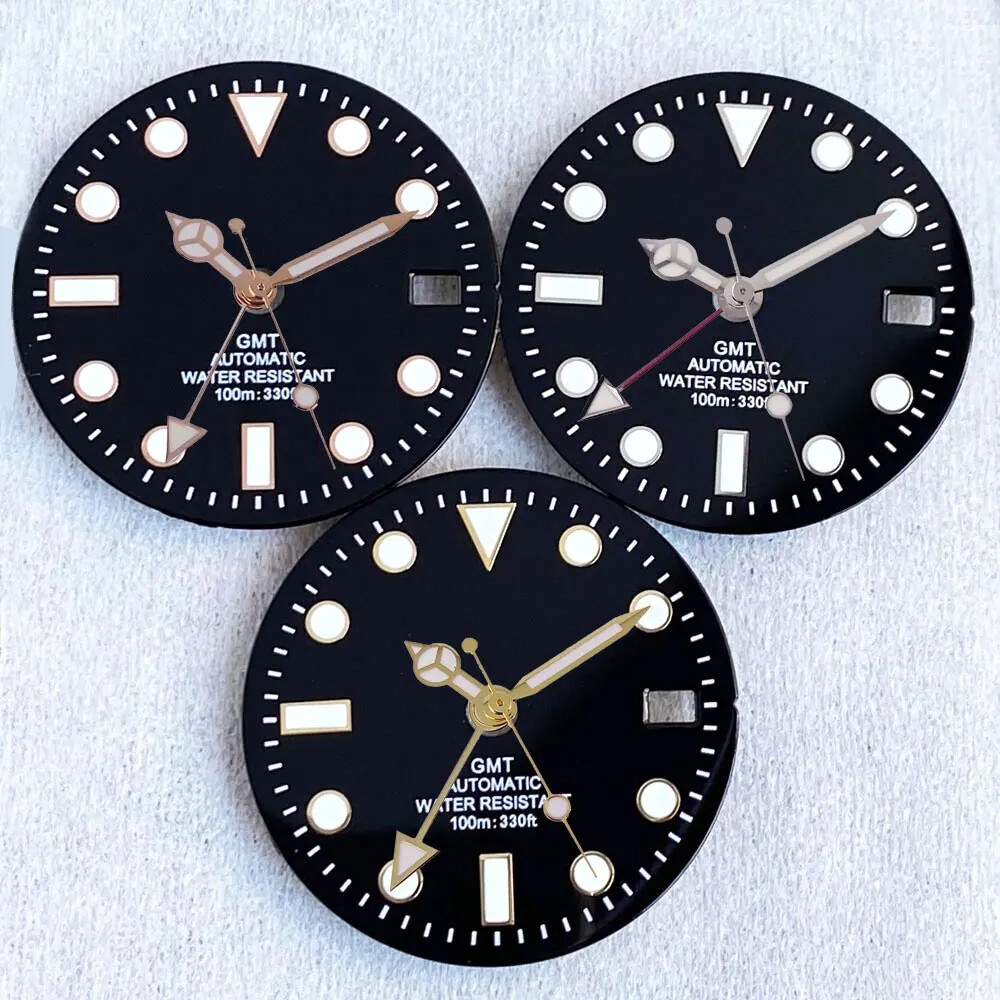 Luminous Black Sub Watch Dial 29mm for nh34 gmt Movement Black/Gold/Rose Gold