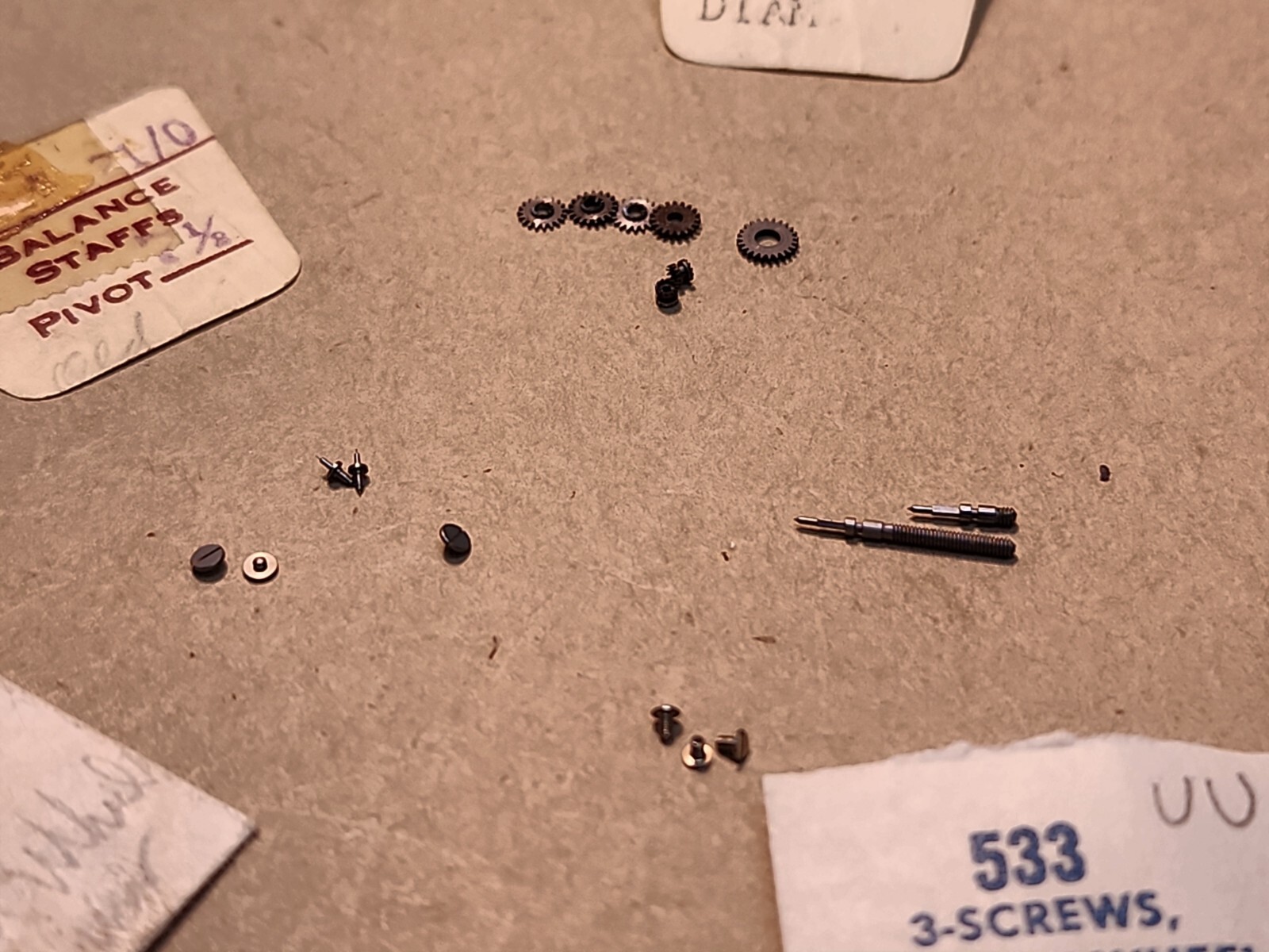 Lot Of NOS Elgin 21/0 Mixed Parts-Balance Staffs, Roller Jewel, Stem, Screws,