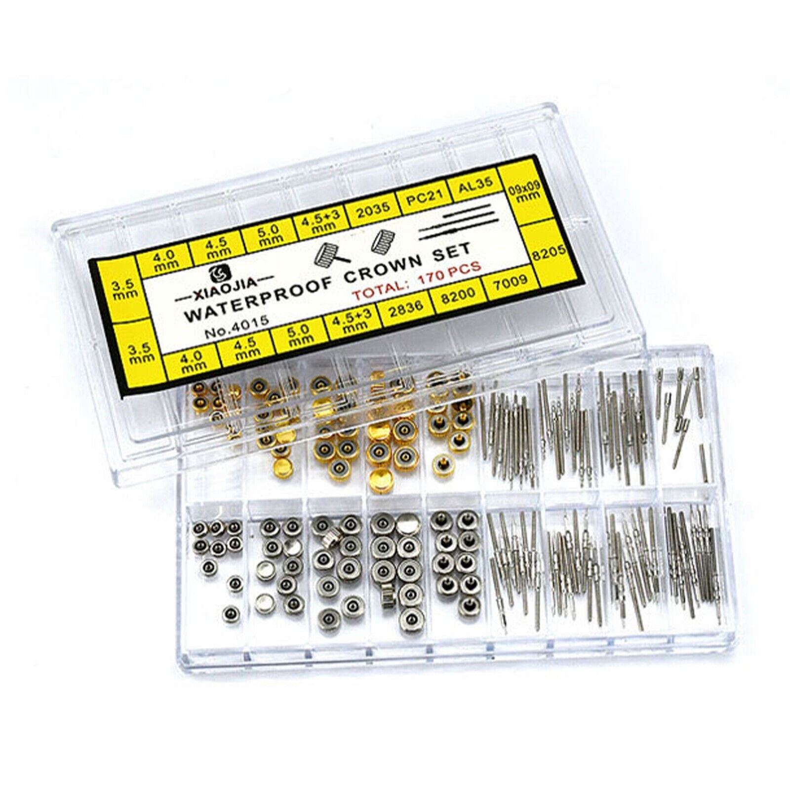 170Pcs Different Sizes Mixed Watch Stem Crown Repair Parts Assortment Set Box