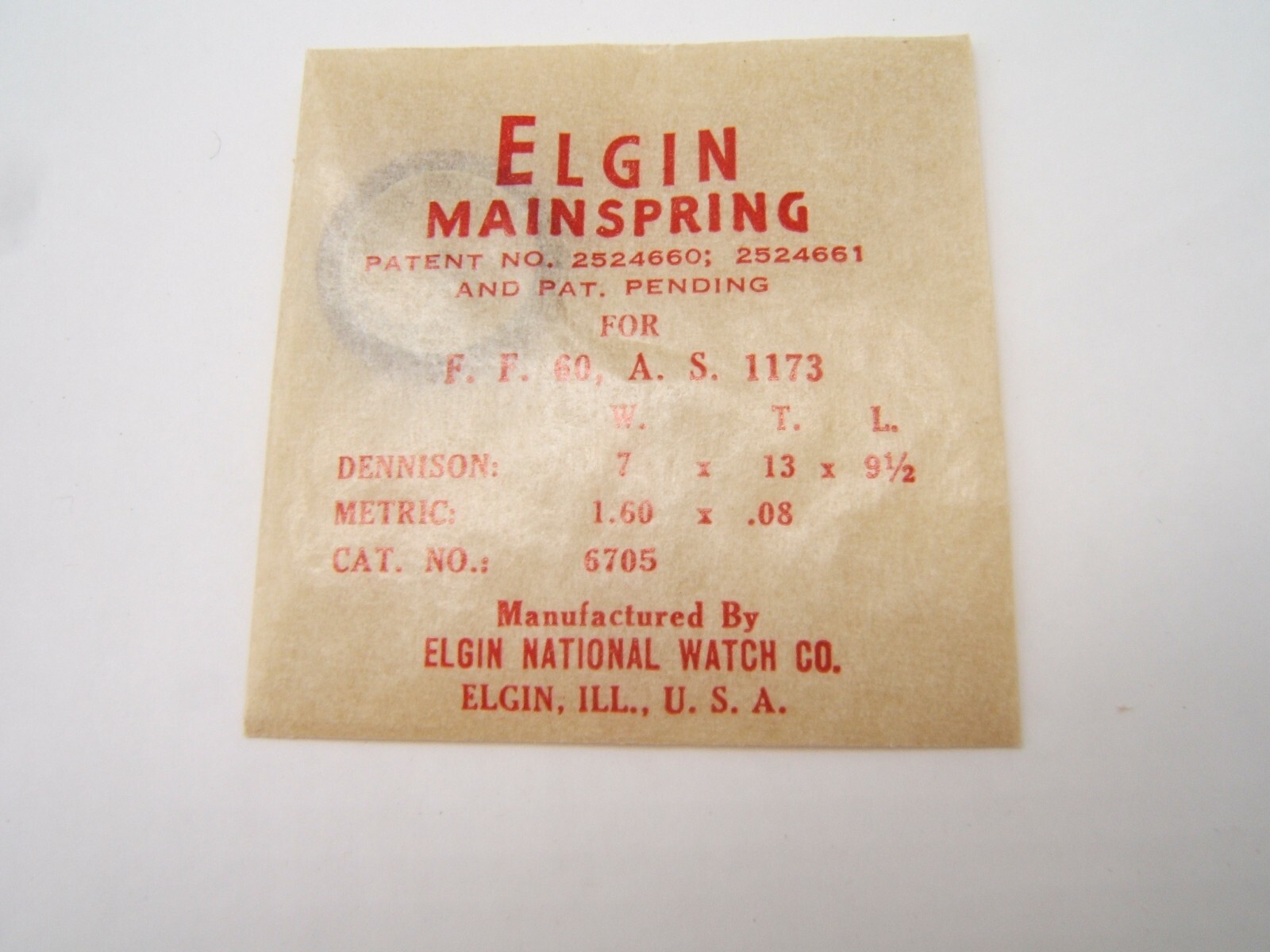 NOS ELGIN MAINSPRING FOR F.F. 60 A.S. 1173 CAT NO 6705