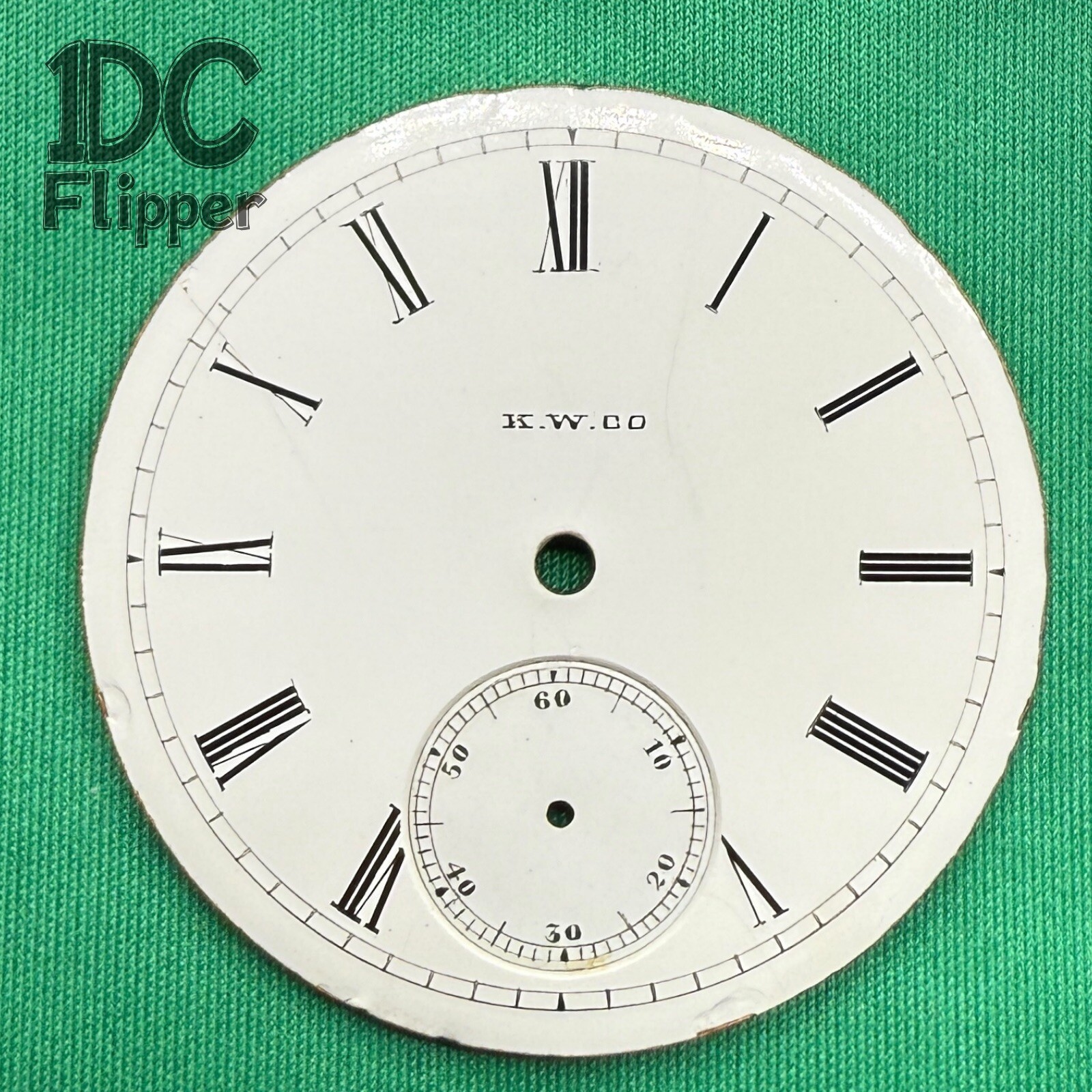 K.W. Co. Pocket Watch Dial 18s 45.7 mm Roman Single Sunk 11.3 MD5 Read!