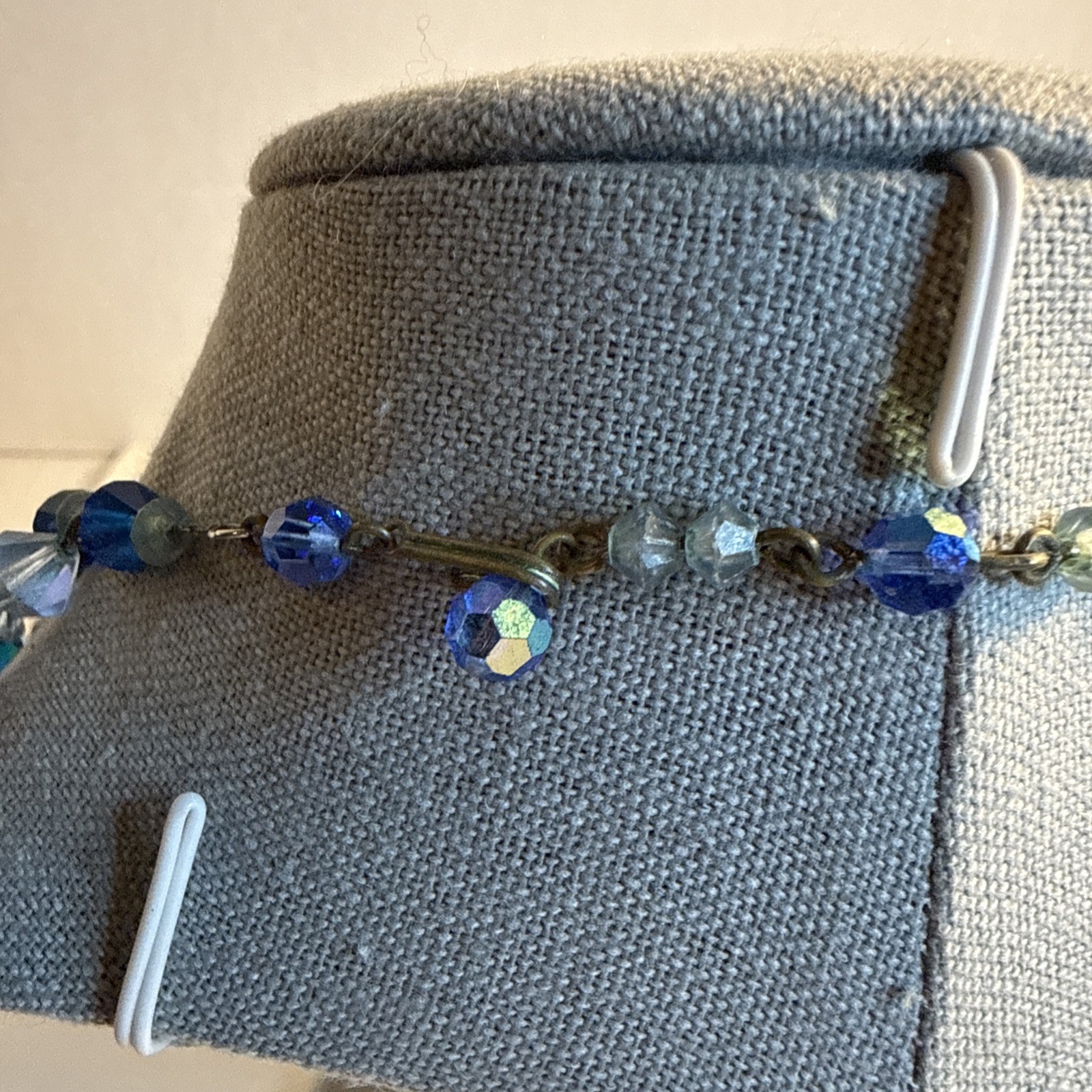 Vintage Blue Glass Or Crystal Borealis Choker Necklace Beautiful 15” 50s