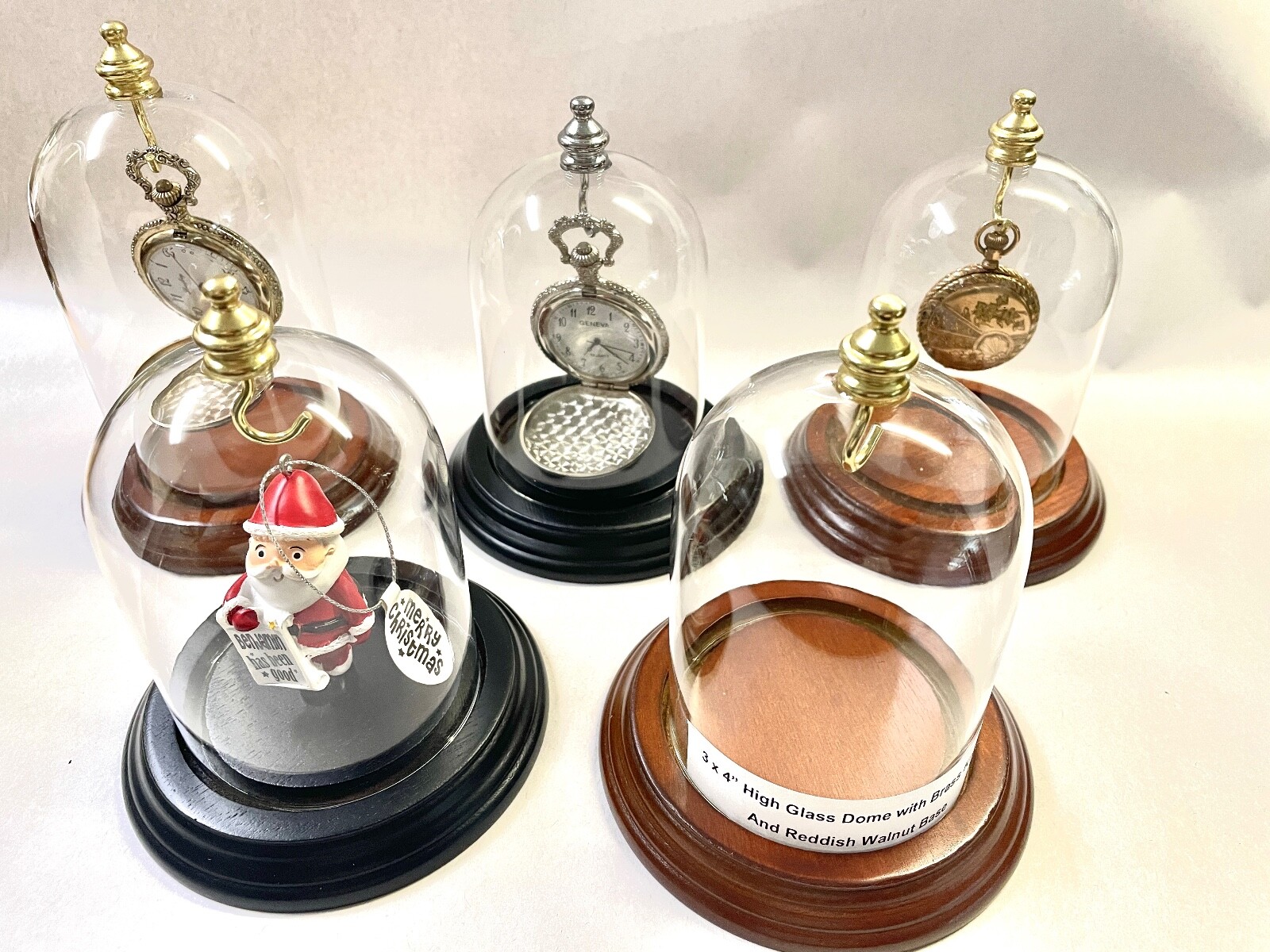 3″ x 4″ Glass Display Dome with Brass Knob, Walnut Finish Base, Free Ship NEW