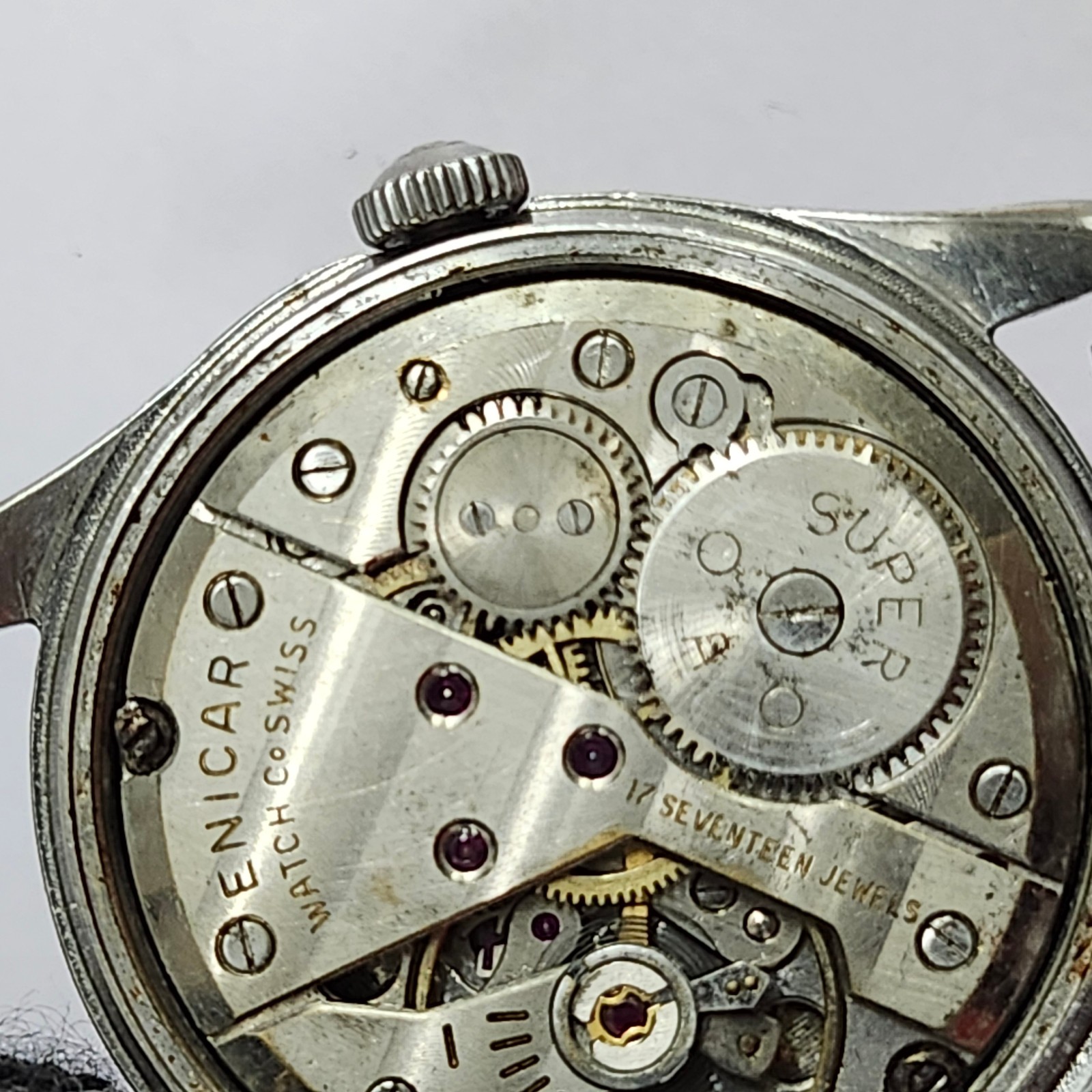 Ogival Mechanical Watch Case/Dial with Enicar 17J Movement – For Parts or Repair
