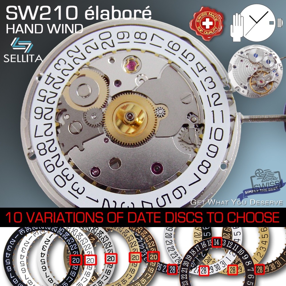 MOVEMENT MANUAL WIND SELLITA SW210-1a-PEARL, HAND WIND, 10 DATE OPTIONS