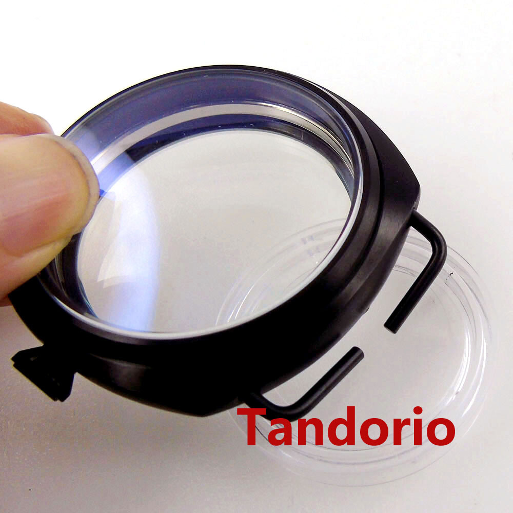 47mm Black PVD Watch Case Glass Back Fit ETA 6497 6498 Hand Winding Movement