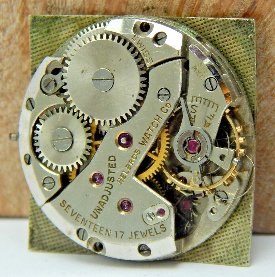 Vintage Helbros 209 17 jewel men’s wrist watch movement with gemmed dial & hands
