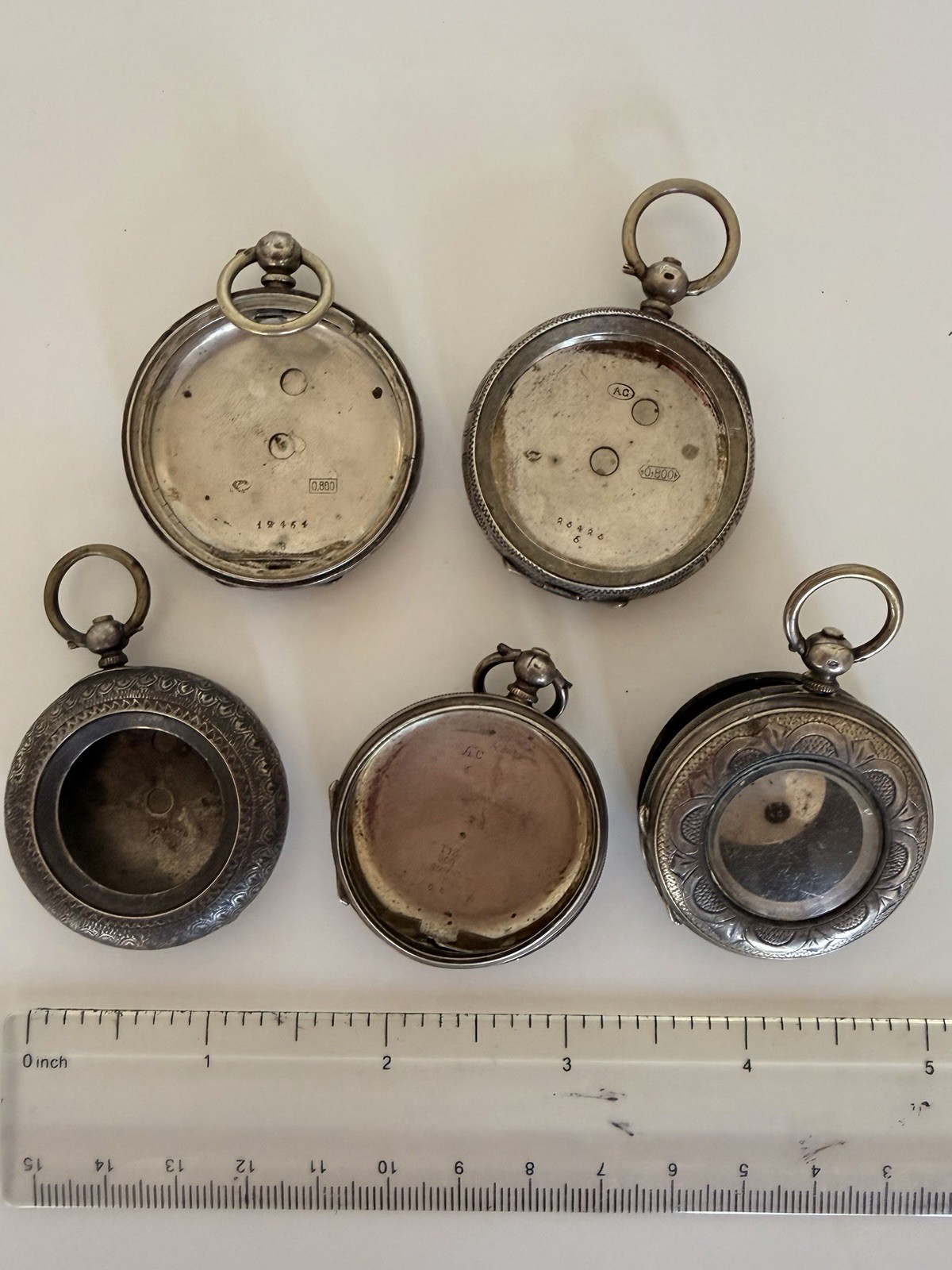 Lot of 5 Antique 800 Silver Pocket Watches & Cases Repair Spares Parts