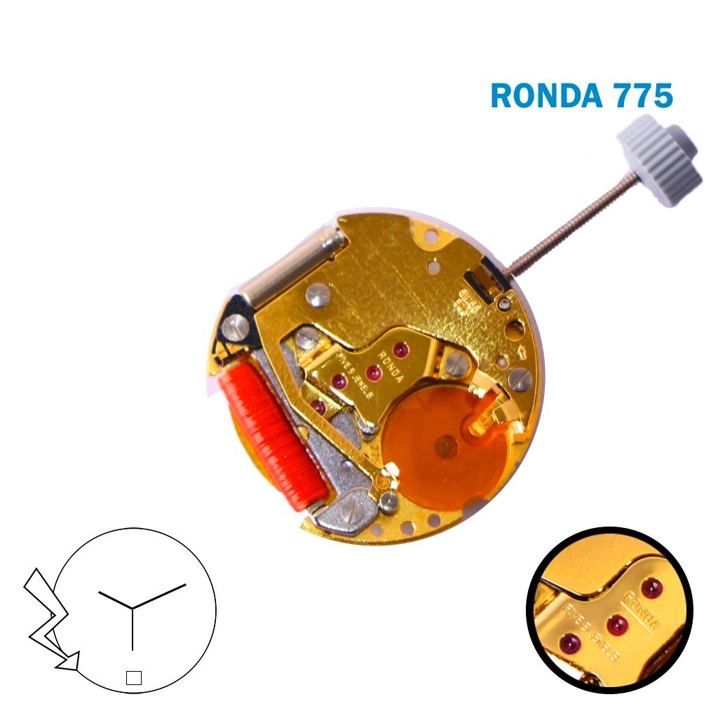 RONDA 775 SWISS QUARTZ Movement, WHITE DATE DISK AT 6, 2 HANDS.