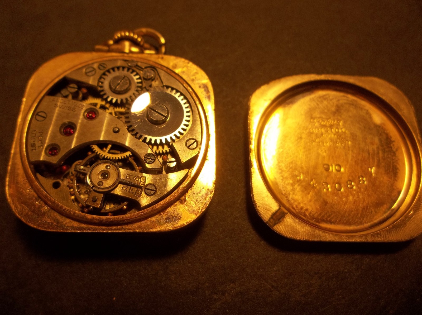 Ladies Lancet Square Pendant Watch-15 jewels-5 adj Parts/Repair/Scrap Not Workin