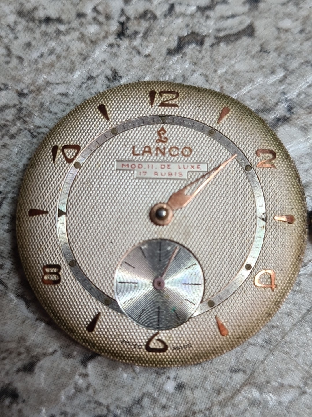 Vintage LANCO Mod II De Luxe Watch Movement, Dial & Case Back. Not Working.