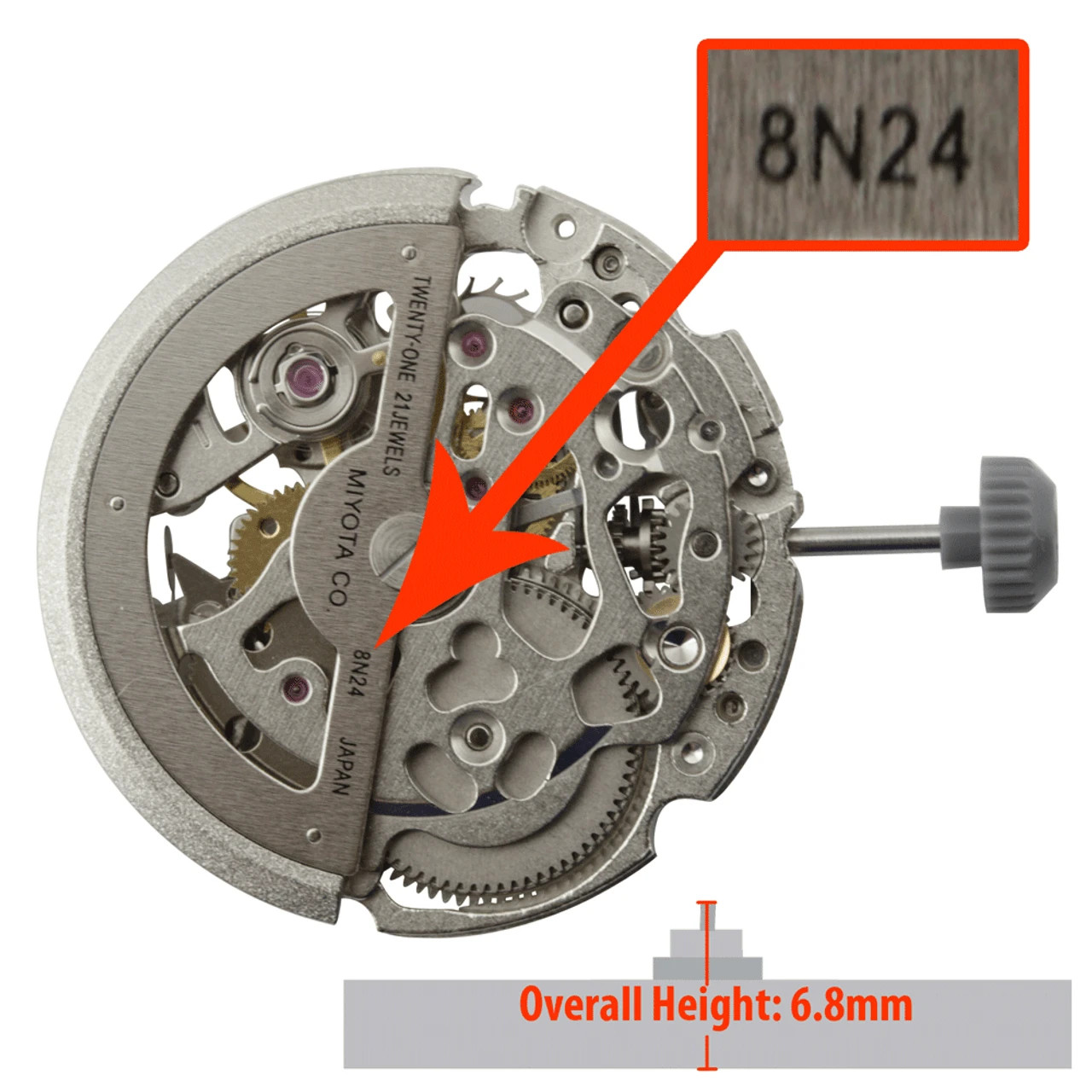 Miyota 8N24, 3 Hands, Skeleton Stainless Steel Japan Automatic Watch Movement