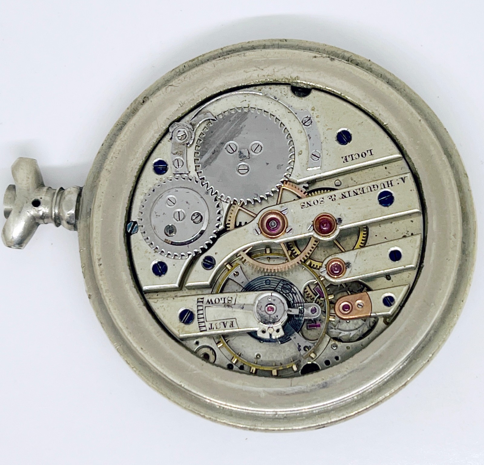 A.HUGUENIN TRIPLE DATE COMPLICATED POCKET WATCH MOVEMENT Parts/Repair Lot 2567