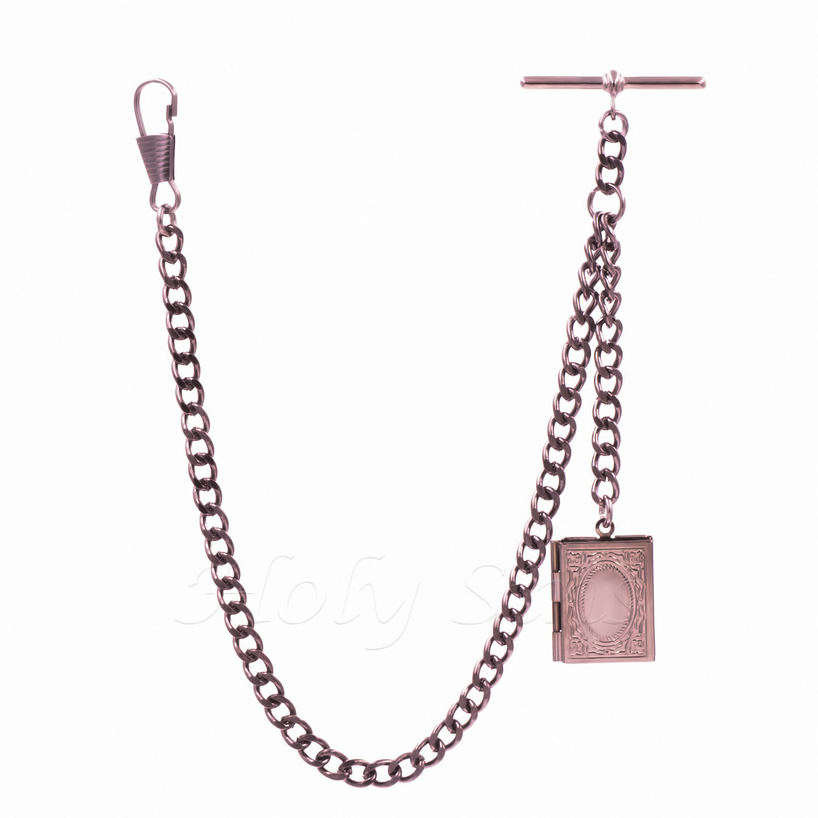 Black Gunmetal Colour Single Albert Pocket Watch Chain With Rectangular Locket