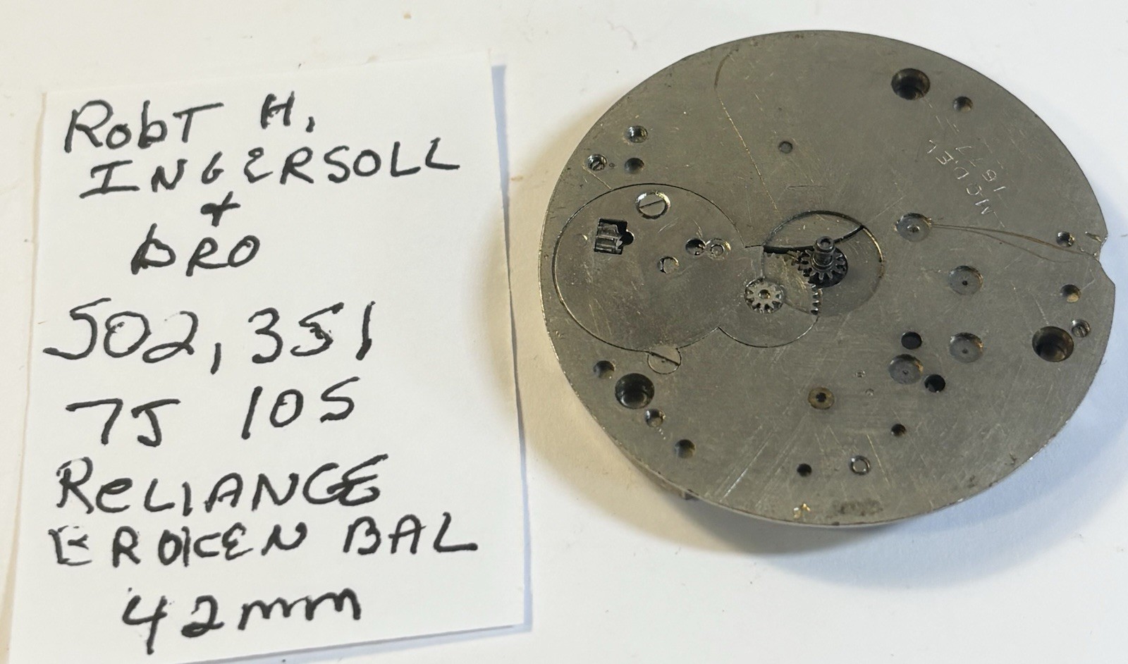 1917 Robt H Ingersoll & Bro Reliance Pocket Watch Movement 10S 7J Broken Bal 42m