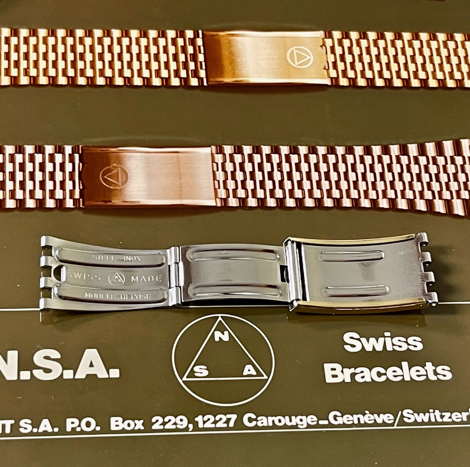 Vintage 7-row Rado NSA watch bracelet complete NOS clasp yellow gold plate Swiss