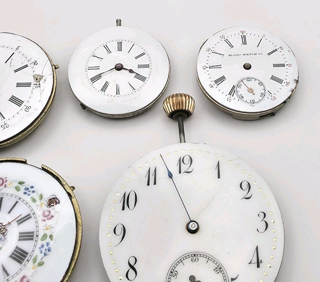 Vtg Lot Of 7 Mechanical Pocket Watch Movements For Parts Or Repair Equity Bijou